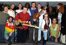 Camphill residents join headline band Zuba on the stage.